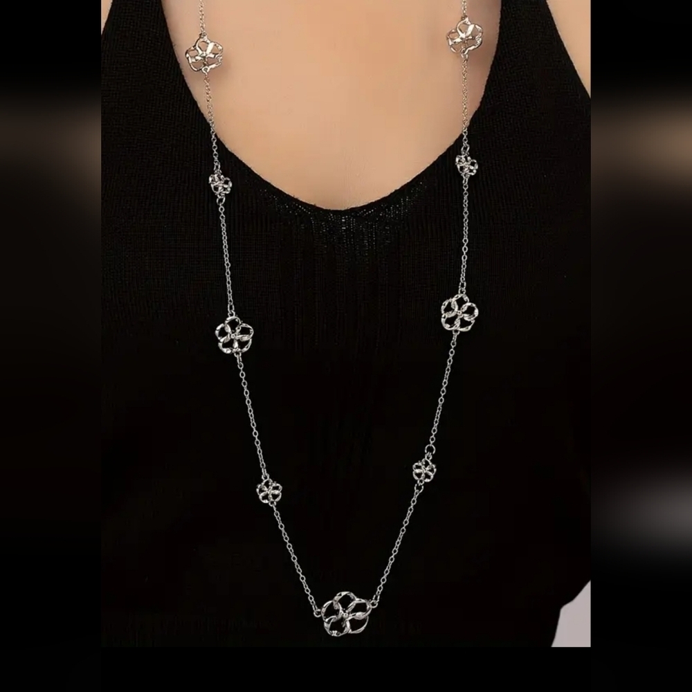Floral Flower Silver Tone 37" + 3" Extension Necklace